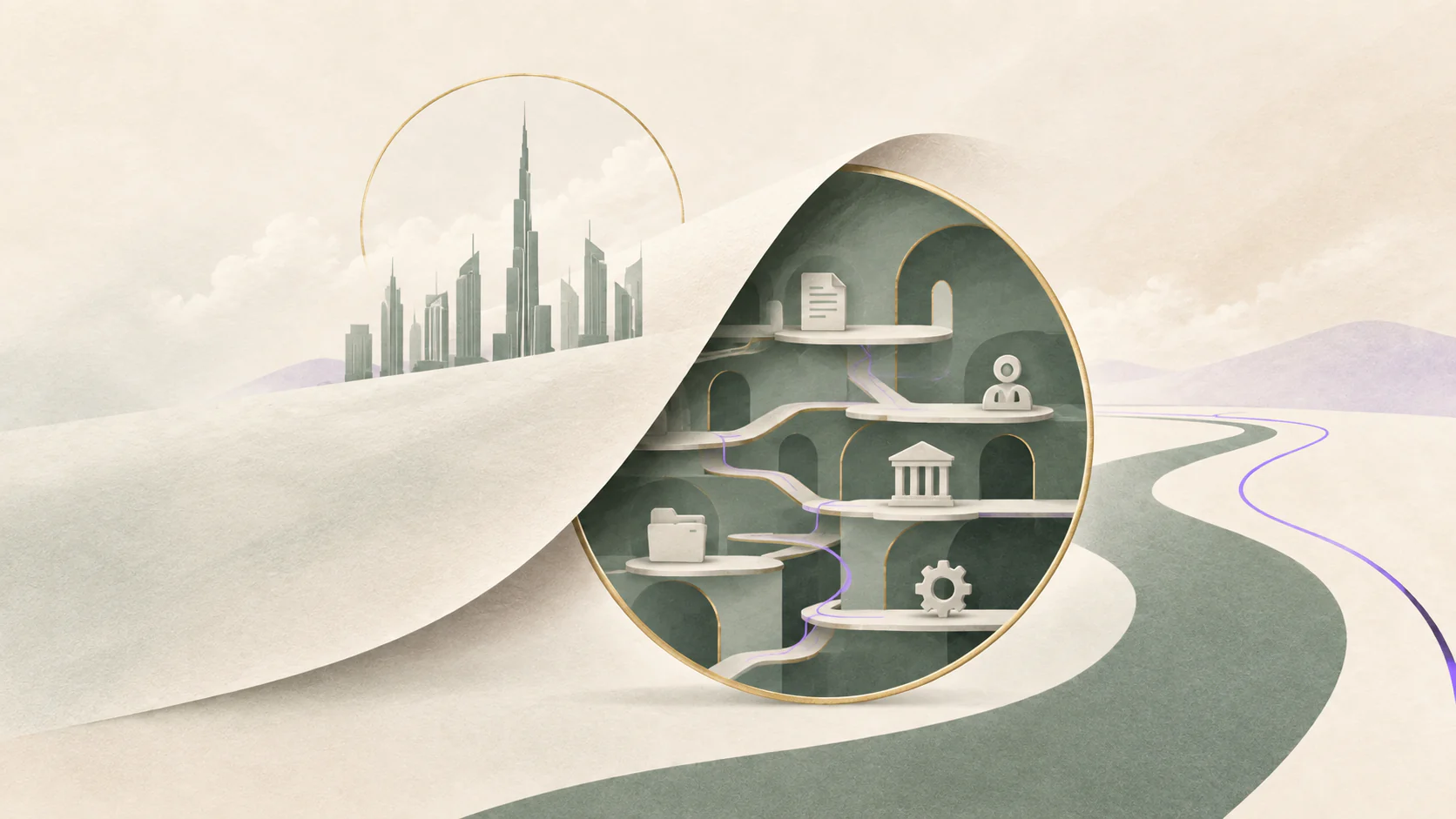 A polished Dubai offer surface lifted to reveal the roles and handoffs underneath.