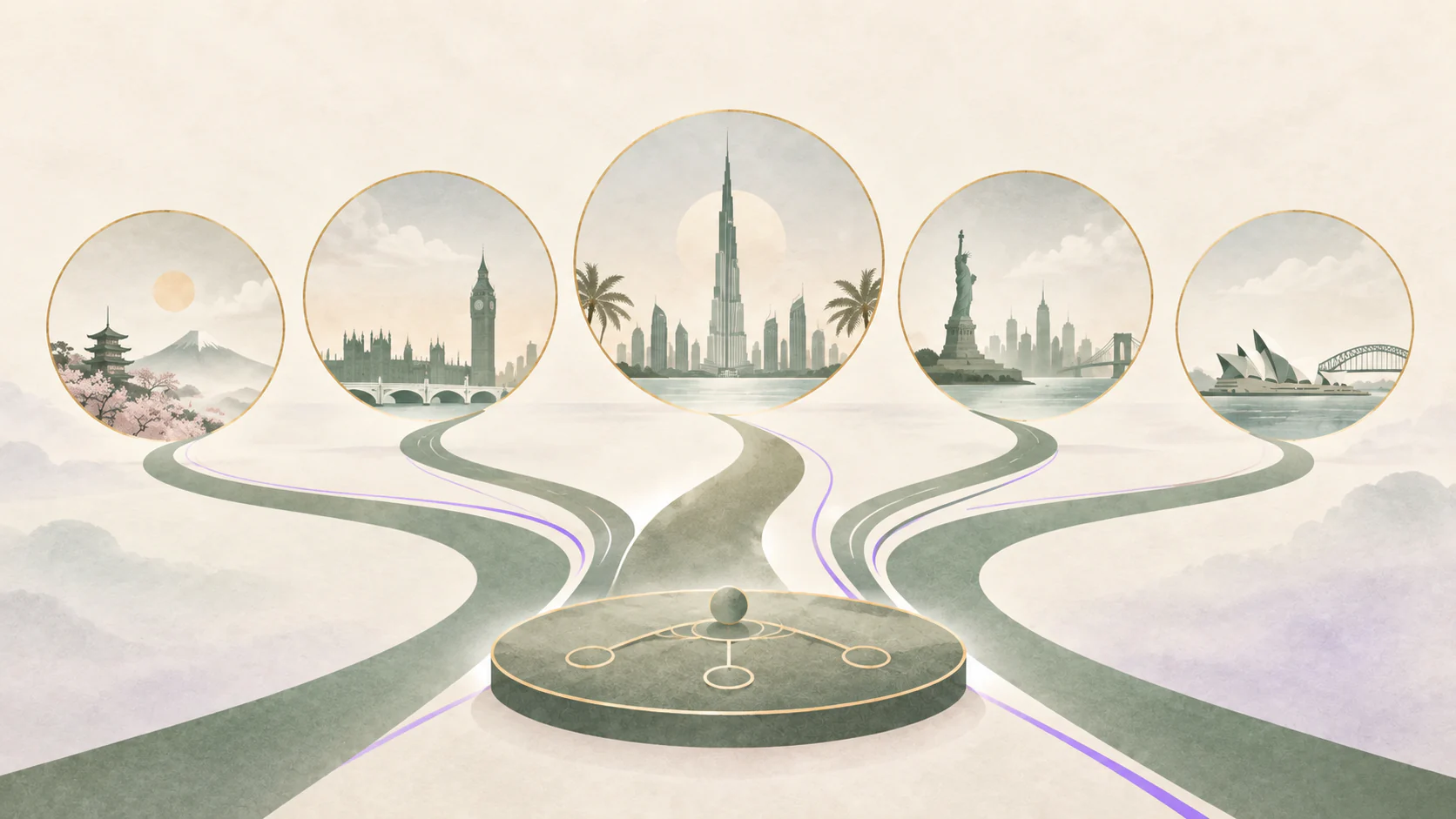 Several gold-edged destination portals connected to one neutral comparison framework.