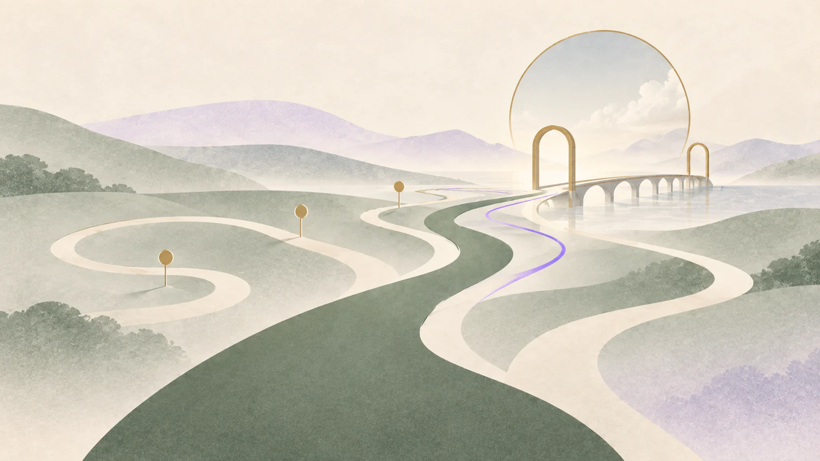 Several flexible paths leading toward a small number of gold gates and an irreversible bridge.