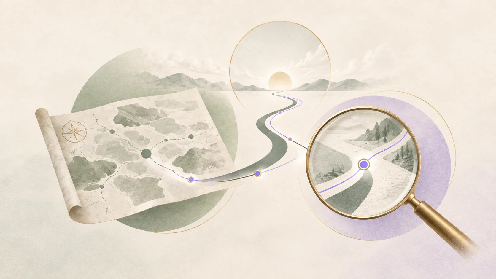 An illustrated map and precision lens examining the same relocation route.