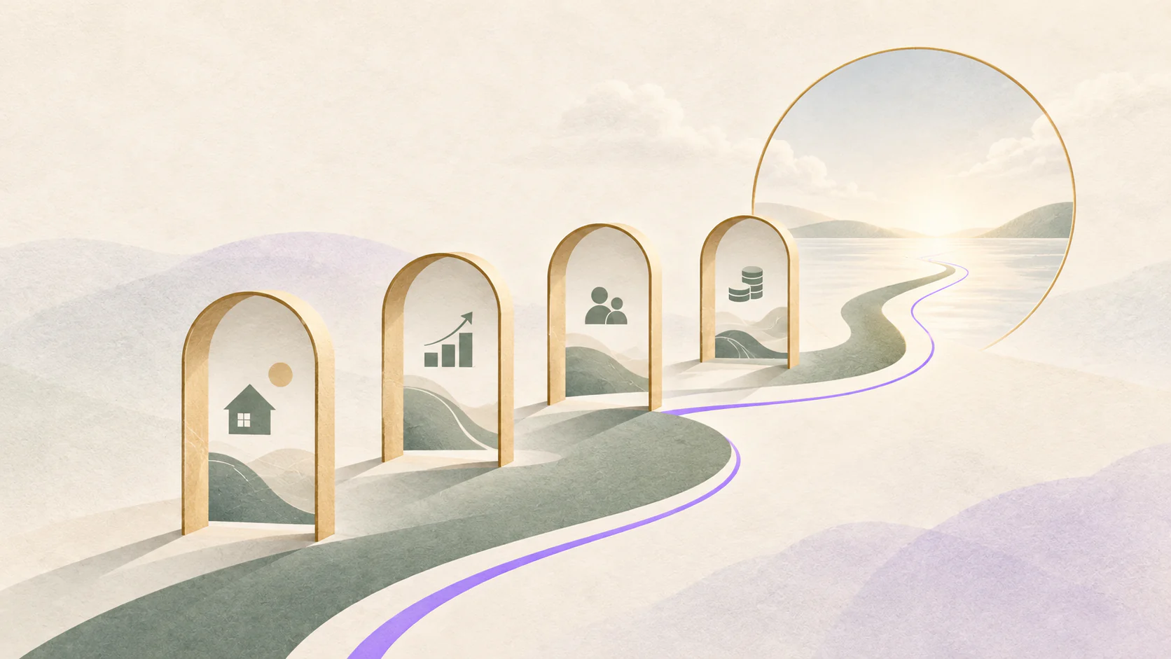 Four gold-edged planning gates leading along a sage path toward an open portal.