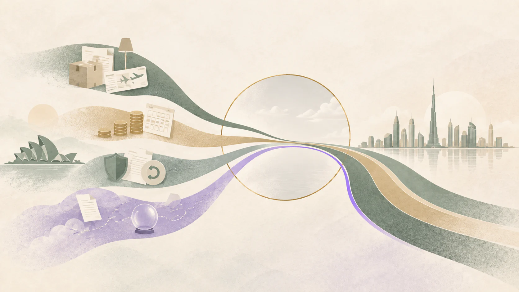 Layered cost streams flowing from Australia through a gold portal toward Dubai.
