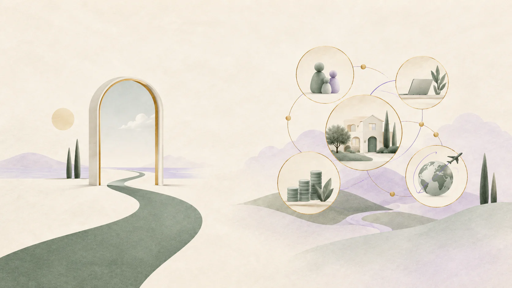 A gold entry gate shown separately from a network of family, home, business and travel ties.